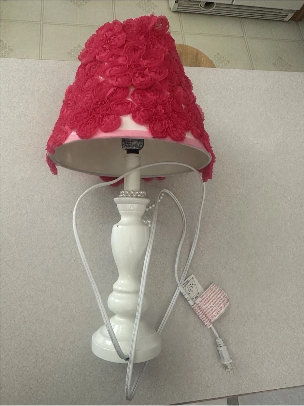 White Lamp With Shade Works Good No Bulb has Beads Decor free shipping